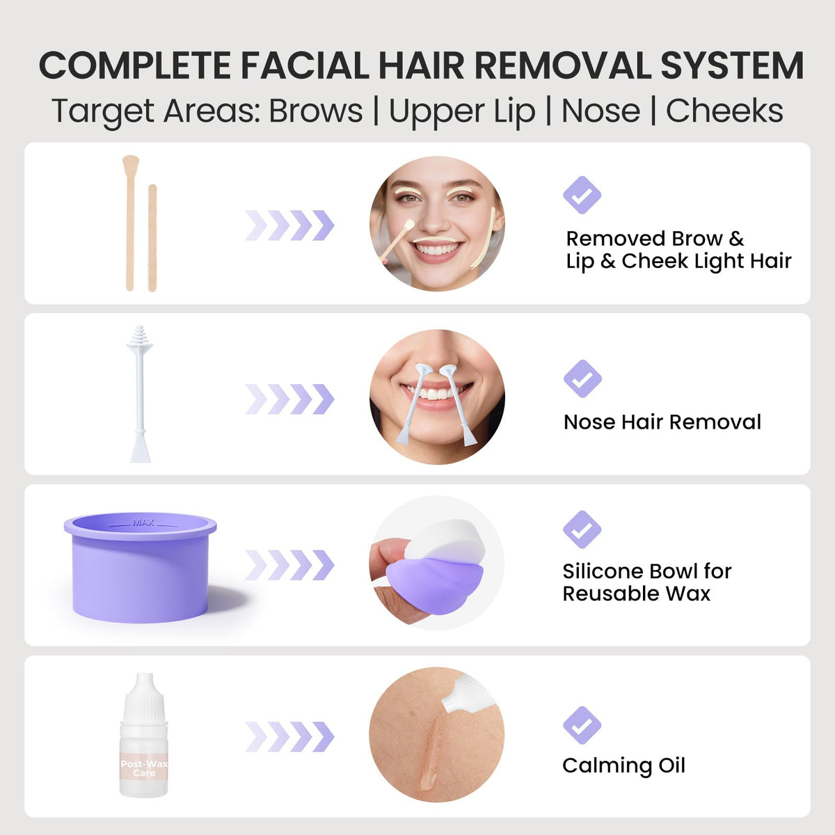 AUZEAL Mini Face Wax Kit showing wax removal process