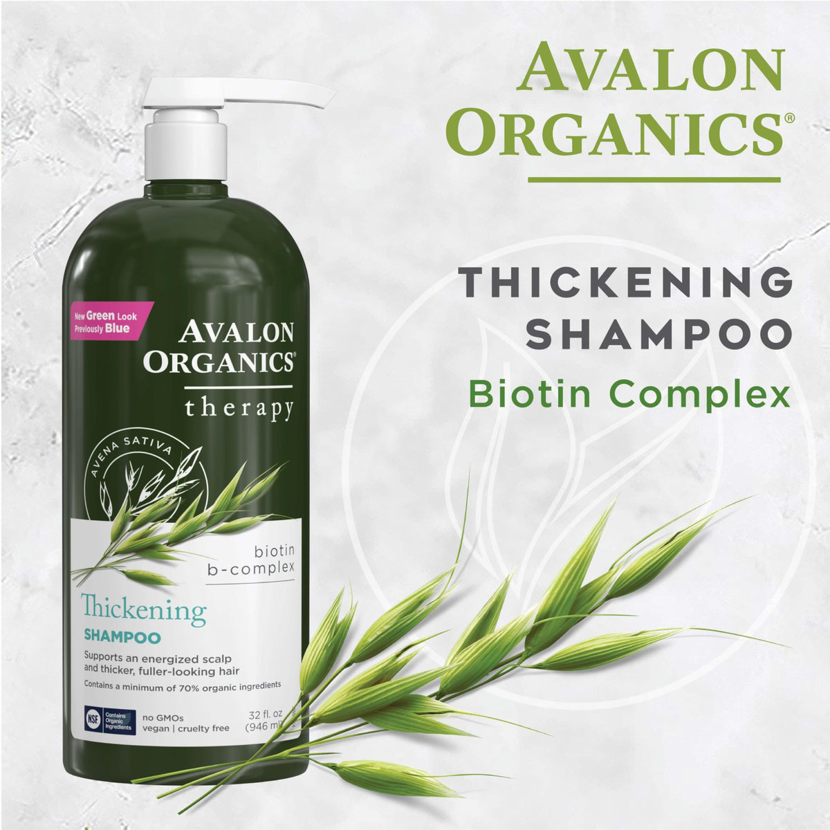 Avalon Organics Biotin B-Complex Thickening Shampoo in bathroom setting