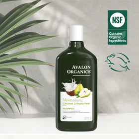 Avalon Organics Coconut Pear Shampoo with coconut and pear background