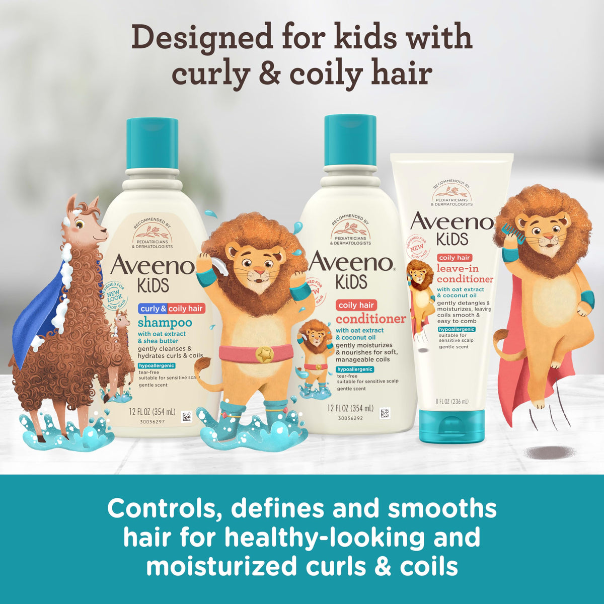 Aveeno Baby Kids Coily Hair Leave-In Conditioner in a bathroom setting