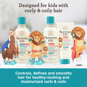 Aveeno Baby Kids Coily Hair Leave-In Conditioner in a bathroom setting