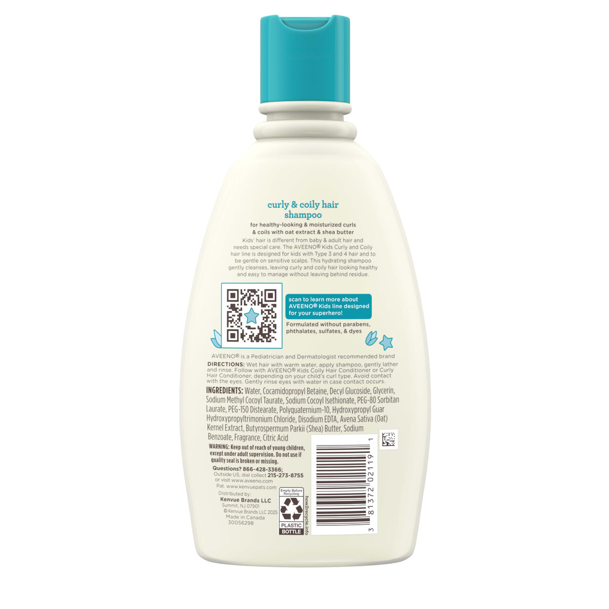 Aveeno Baby Kids Curly & Coily Hair Shampoo packaging details