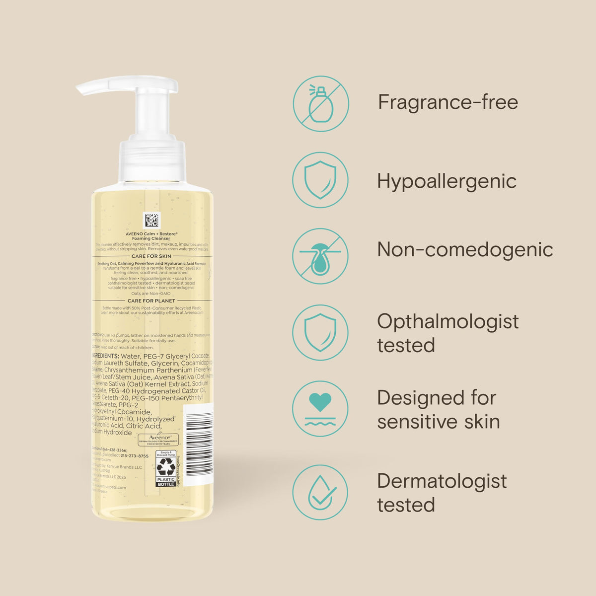 Aveeno Calm + Restore Foaming Cleanser with skincare products
