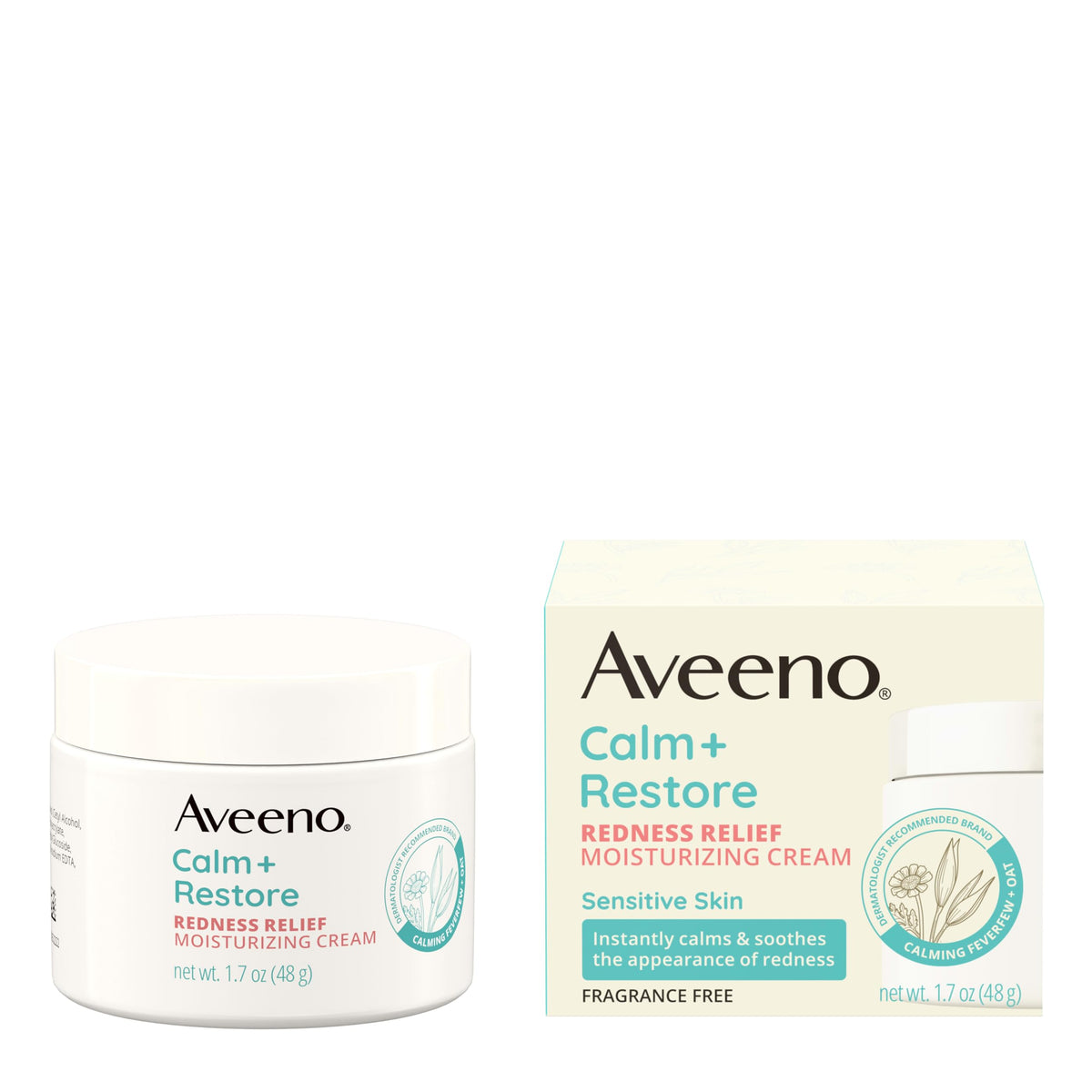 Aveeno Calm + Restore Redness Relief Cream with a clean face