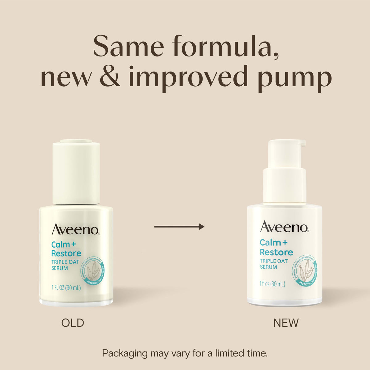 Aveeno Calm + Restore Triple Oat Face Serum pump bottle close-up