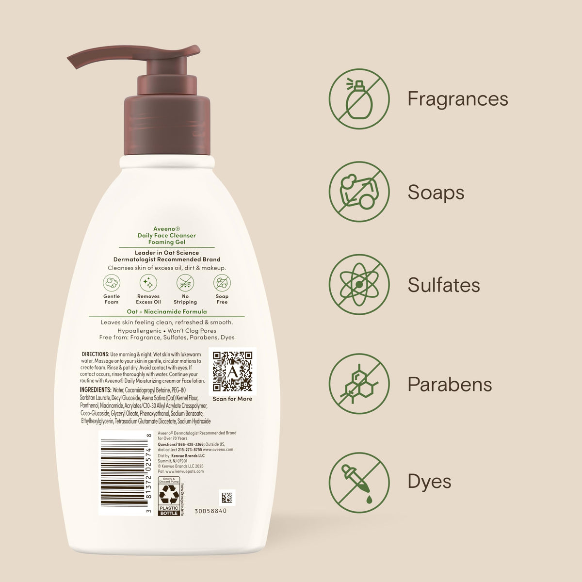 Aveeno Daily Foaming Gel Facial Cleanser with a towel and water
