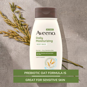 Aveeno Daily Moisturizing Body Wash in a bathroom setting