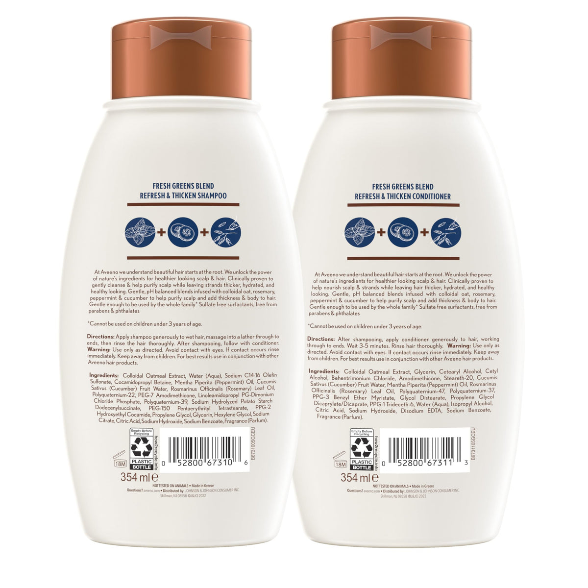 Aveeno Fresh Greens Shampoo bottle side view with rosemary and cucumber