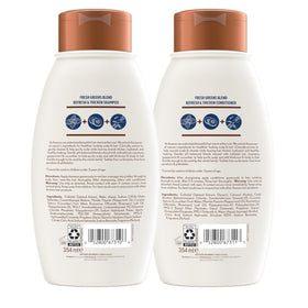 Aveeno Fresh Greens Shampoo bottle side view with rosemary and cucumber