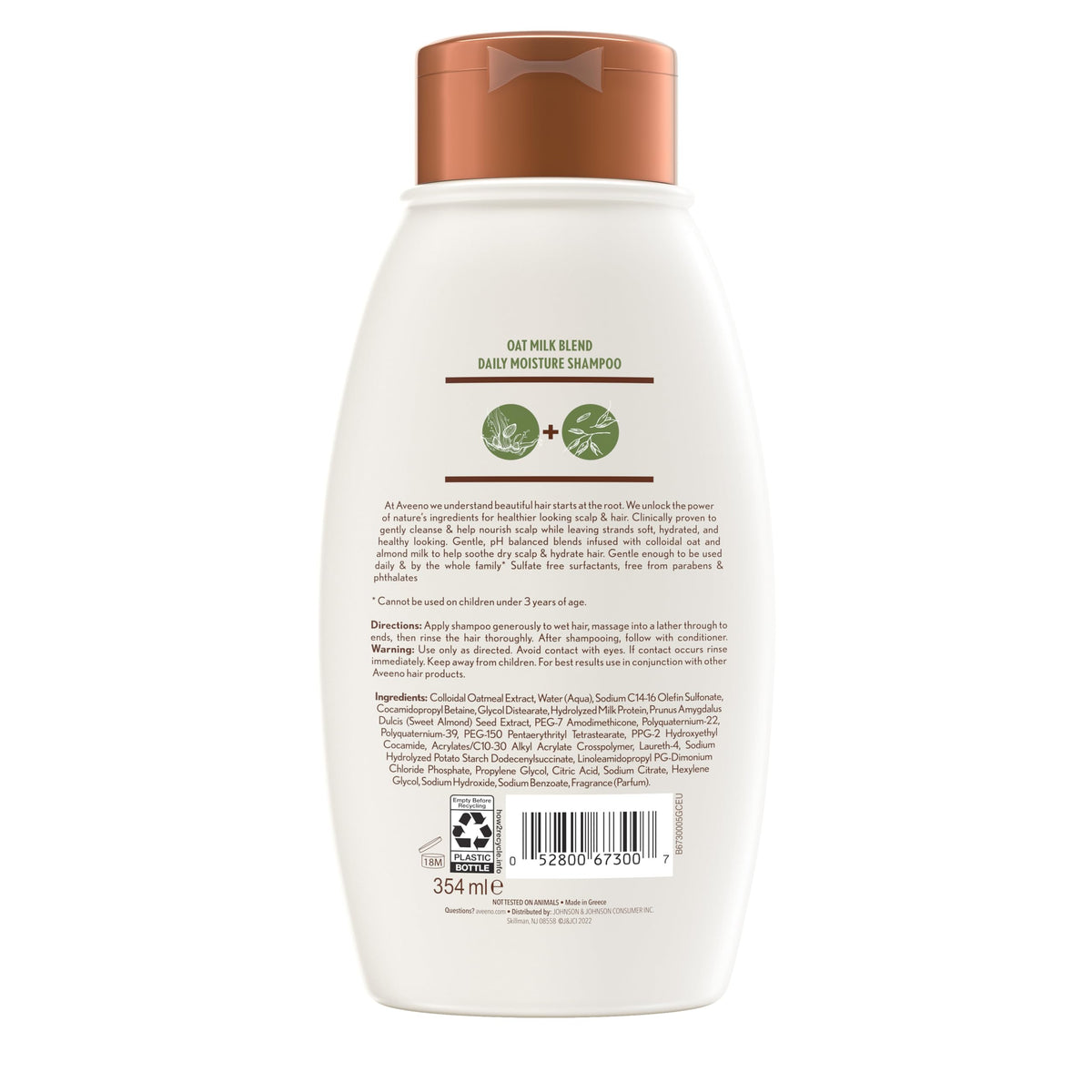 Aveeno Oat Milk Blend Shampoo with conditioner on a bathroom shelf