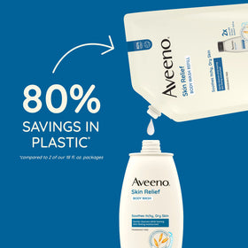 Aveeno Skin Relief Body Wash being poured into a shower pouf