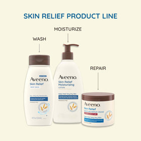 Aveeno Skin Relief Body Wash refill pouch in a bathroom setting