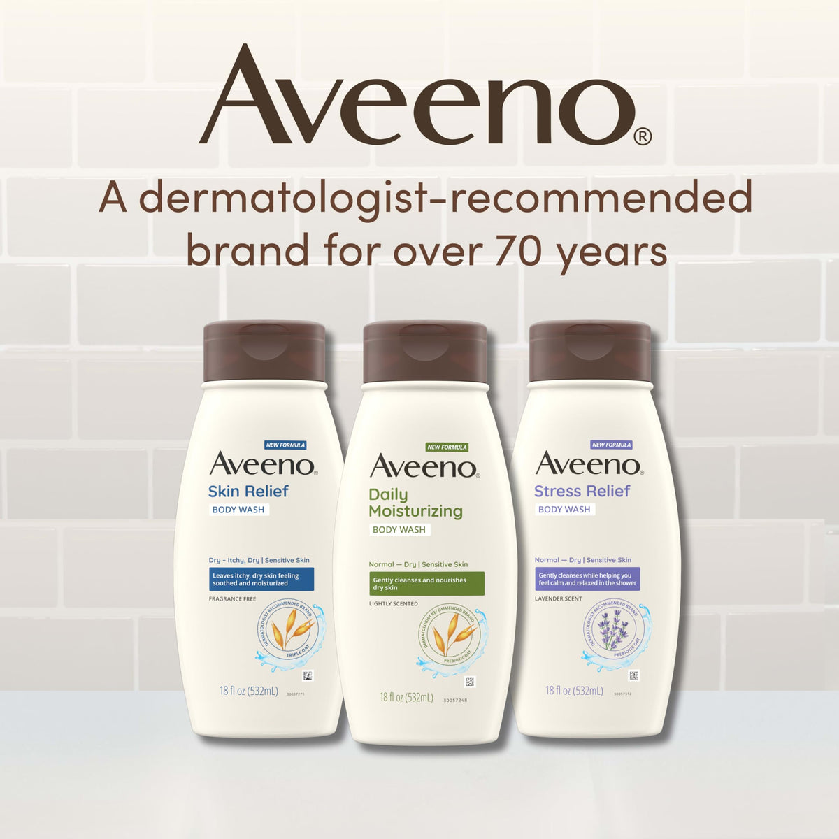 Aveeno Skin Relief Body Wash with moisturizing lotion on a bathroom counter