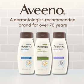Aveeno Skin Relief Body Wash with moisturizing lotion on a bathroom counter