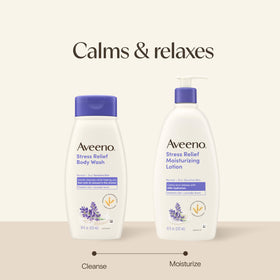 Aveeno Stress Relief Body Lotion on a bathroom counter