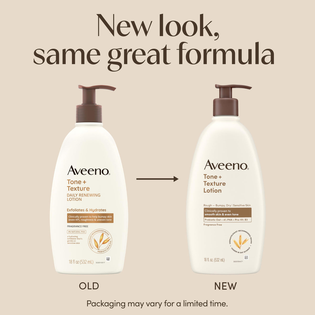 Aveeno Tone + Texture Lotion back view with ingredient list