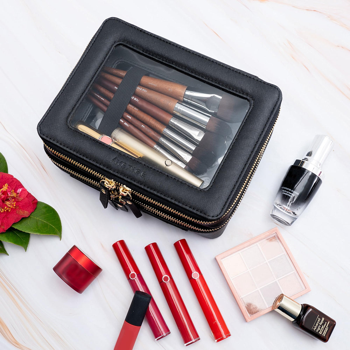 Aveniee Clear Makeup Bag in travel setting