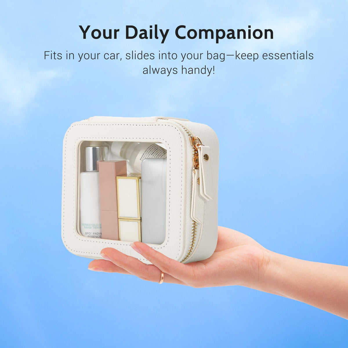Aveniee Clear Makeup Bag inside view with cosmetics