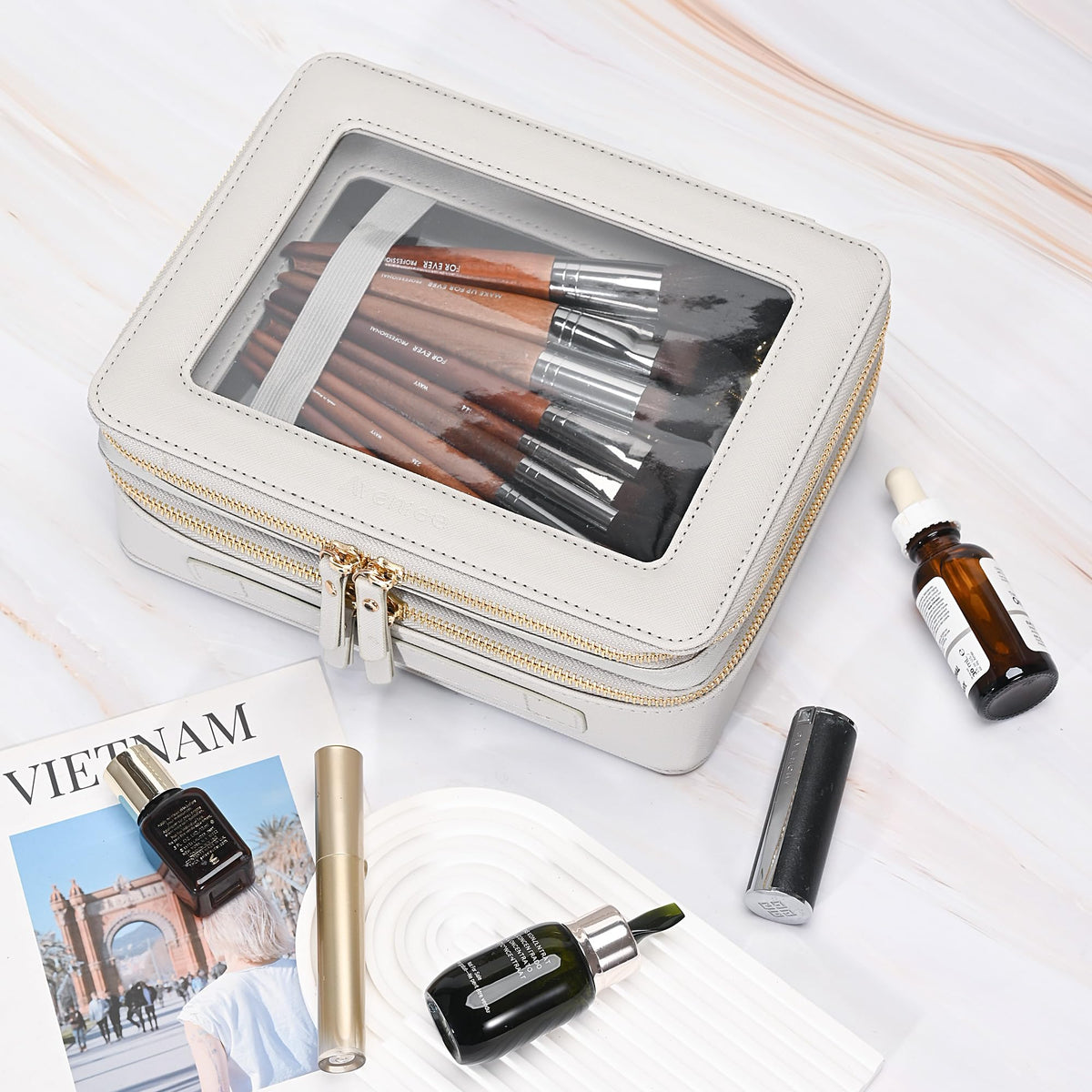 Aveniee Clear Makeup Bag lifestyle scene on a vanity