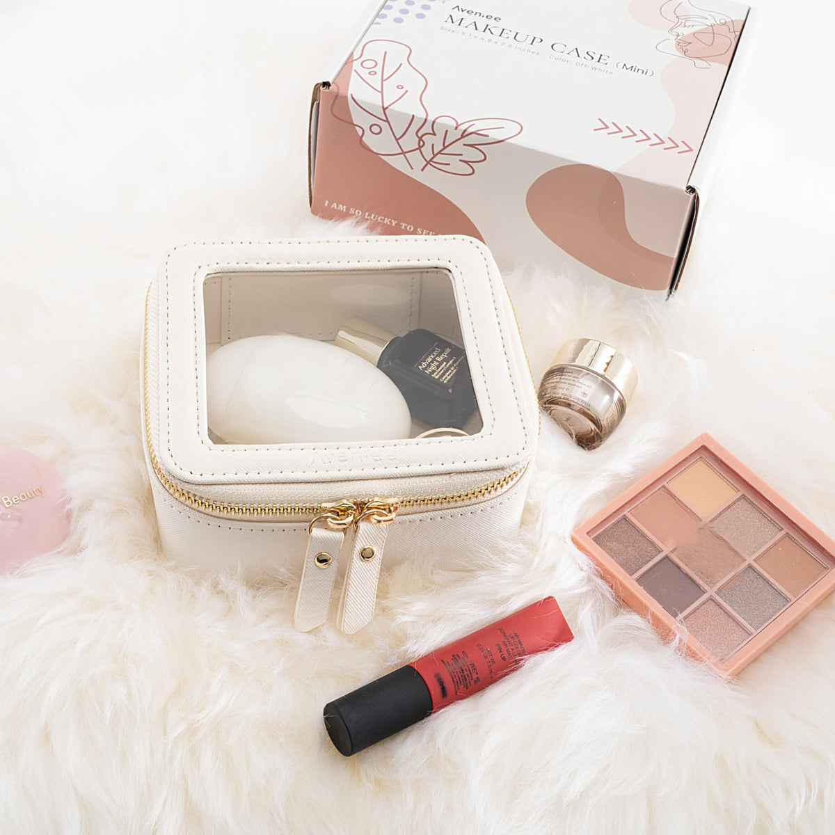 Aveniee Clear Makeup Bag on a bathroom counter