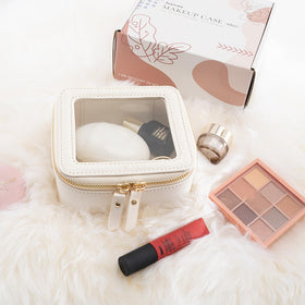 Aveniee Clear Makeup Bag on a bathroom counter