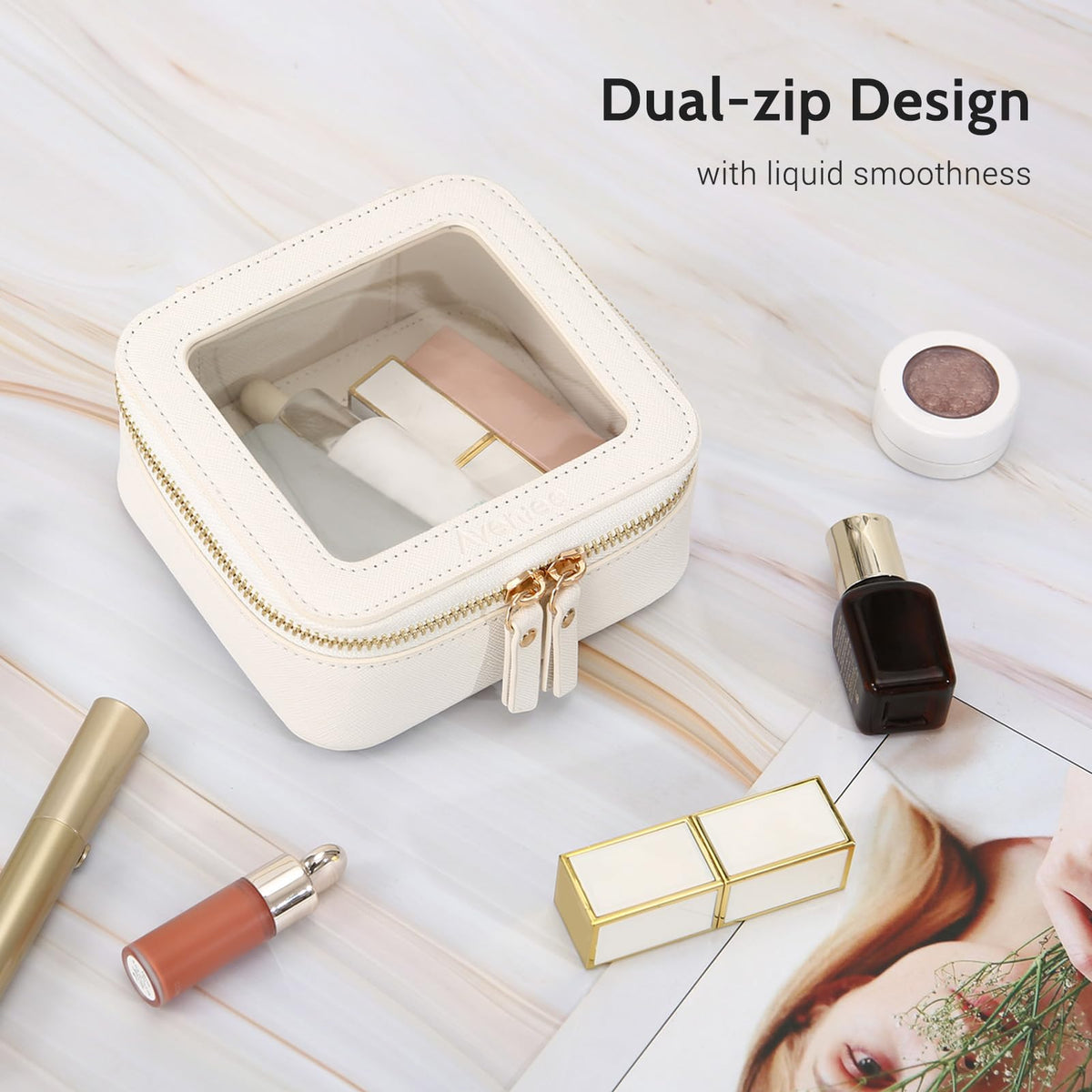 Aveniee Clear Makeup Bag on a bathroom counter
