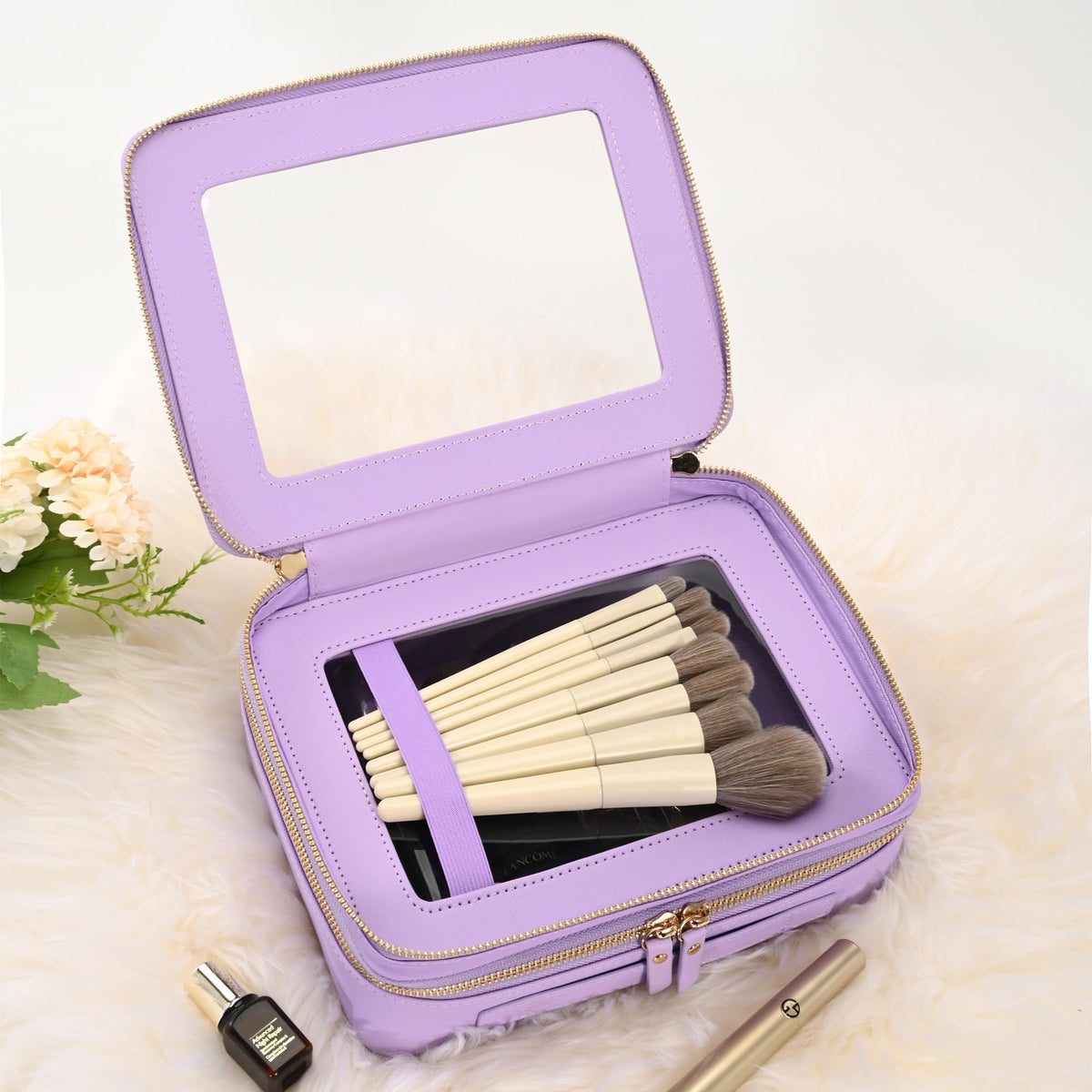 Aveniee Clear Makeup Bag open with cosmetics displayed