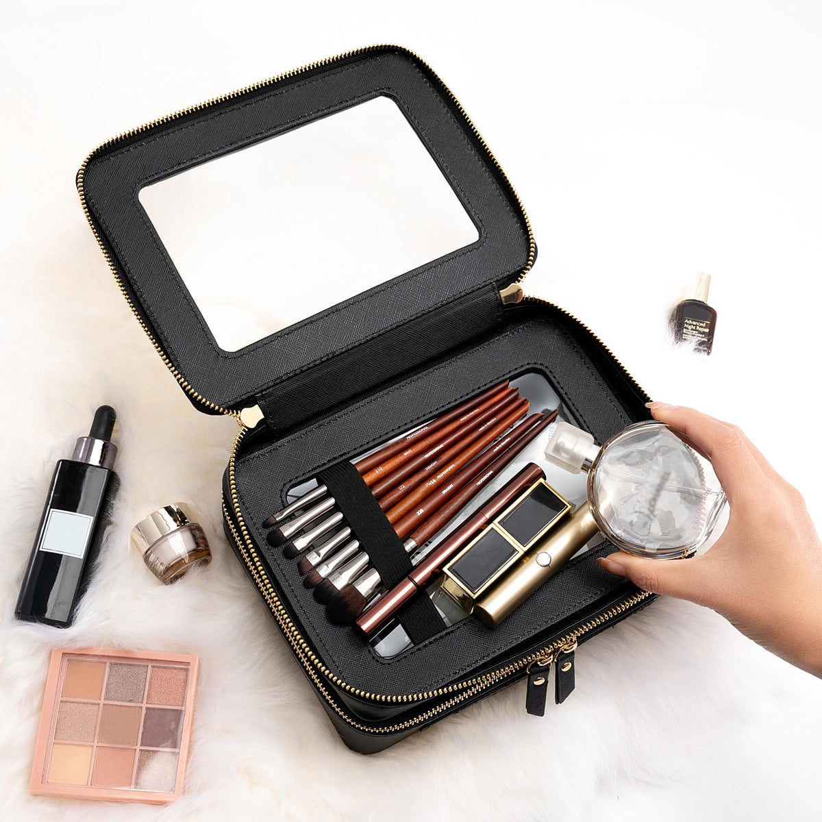 Aveniee Clear Makeup Bag open with cosmetics inside