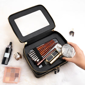 Aveniee Clear Makeup Bag open with cosmetics inside