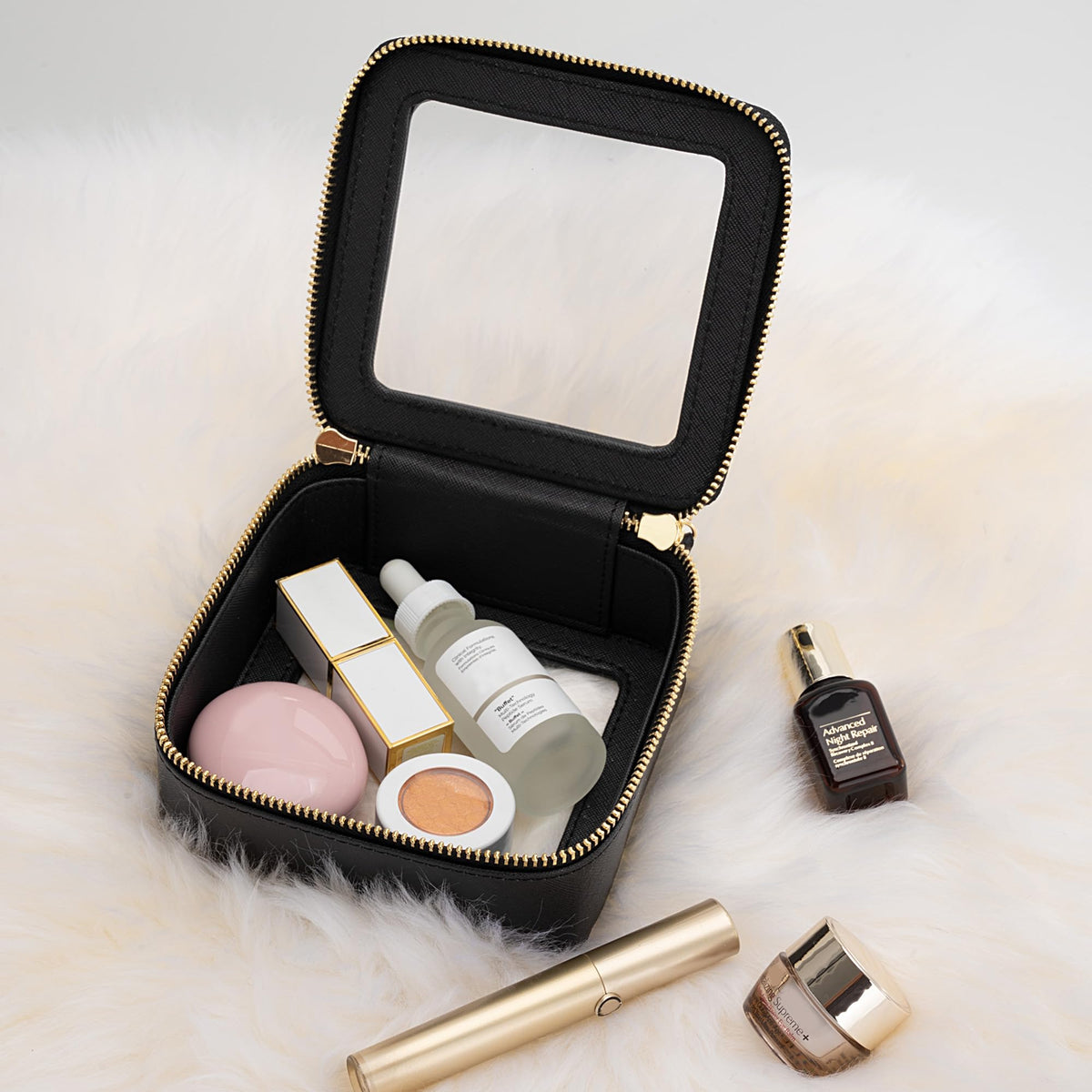 Aveniee Clear Makeup Bag open with cosmetics inside