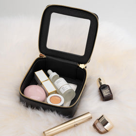 Aveniee Clear Makeup Bag open with cosmetics inside