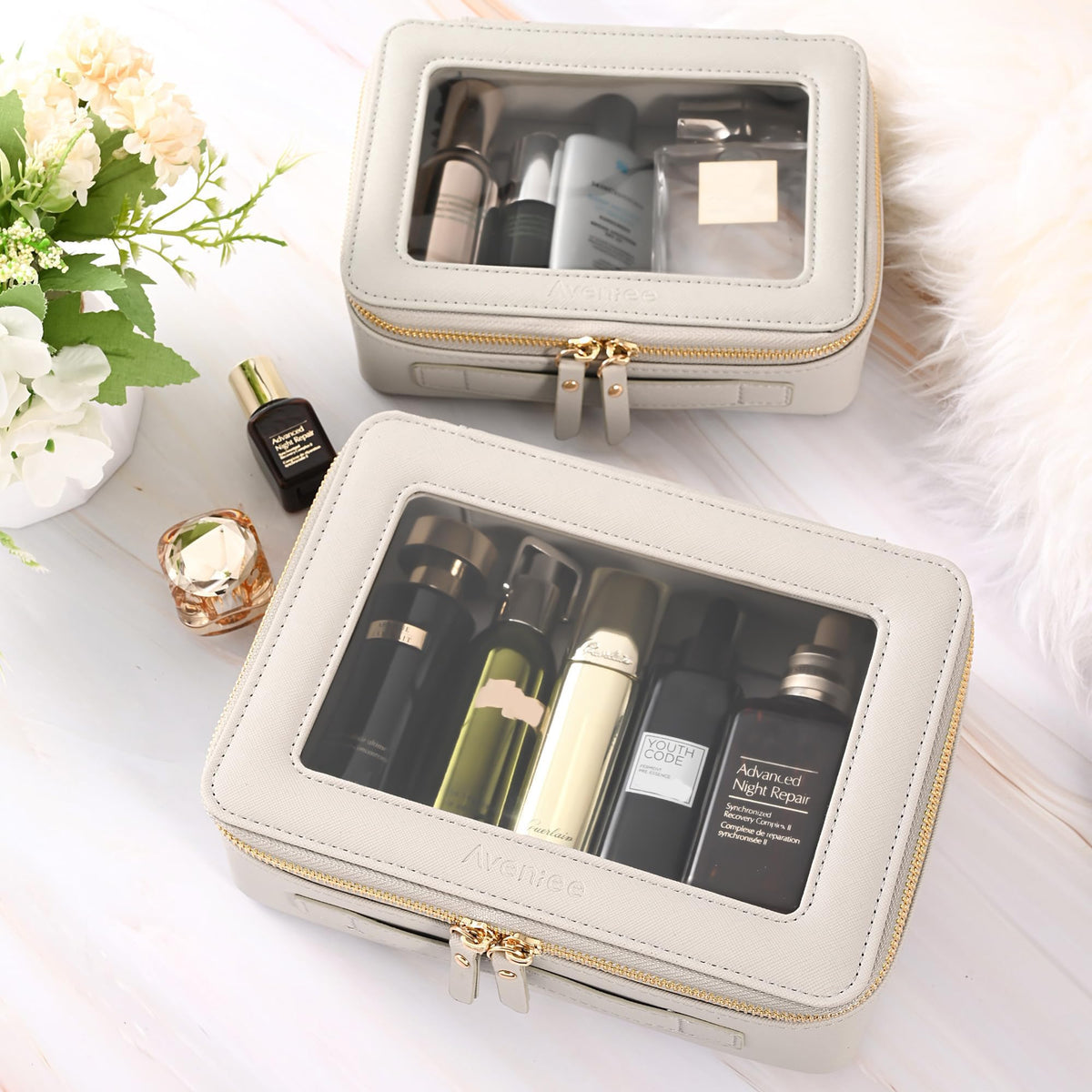 Aveniee Clear Makeup Bag Organizer displayed on a bathroom counter