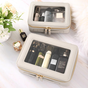 Aveniee Clear Makeup Bag Organizer displayed on a bathroom counter