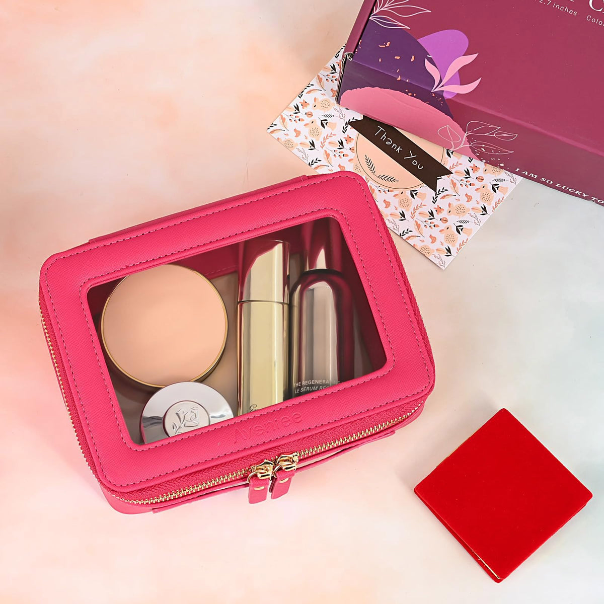 Aveniee Clear Makeup Bag Organizer displayed with beauty products