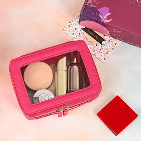 Aveniee Clear Makeup Bag Organizer displayed with beauty products