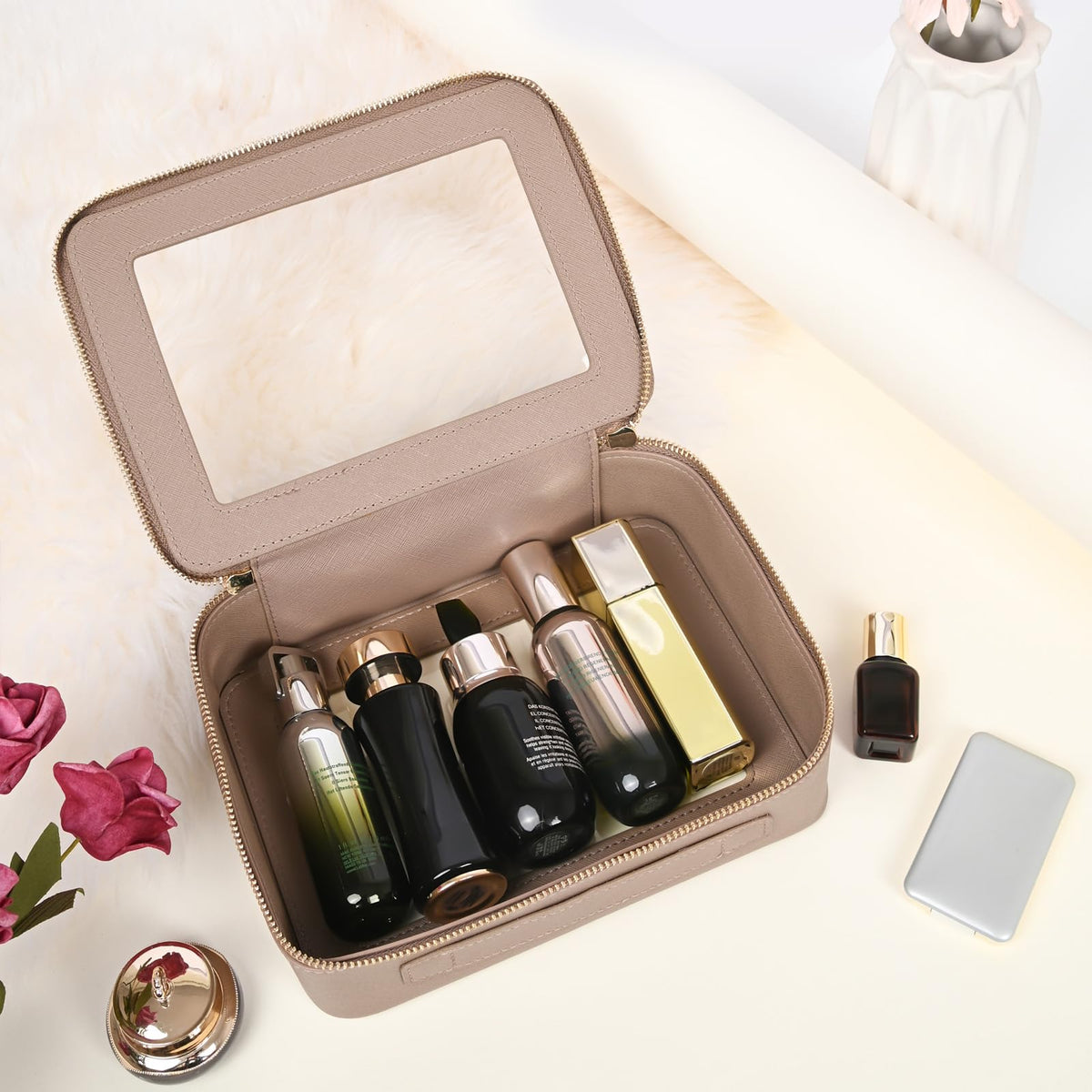 Aveniee Clear Makeup Bag Organizer on a bathroom counter