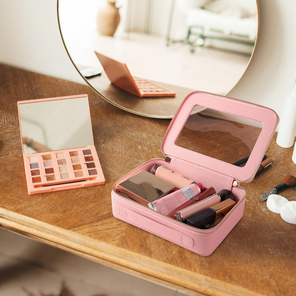Aveniee Clear Makeup Bag Organizer open with cosmetics inside
