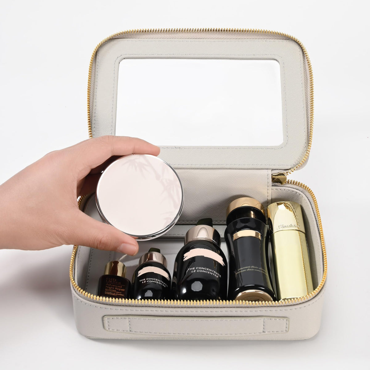 Aveniee Clear Makeup Bag Organizer open with cosmetics inside