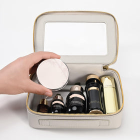 Aveniee Clear Makeup Bag Organizer open with cosmetics inside