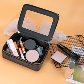 Aveniee Clear Makeup Bag Organizer open with makeup inside