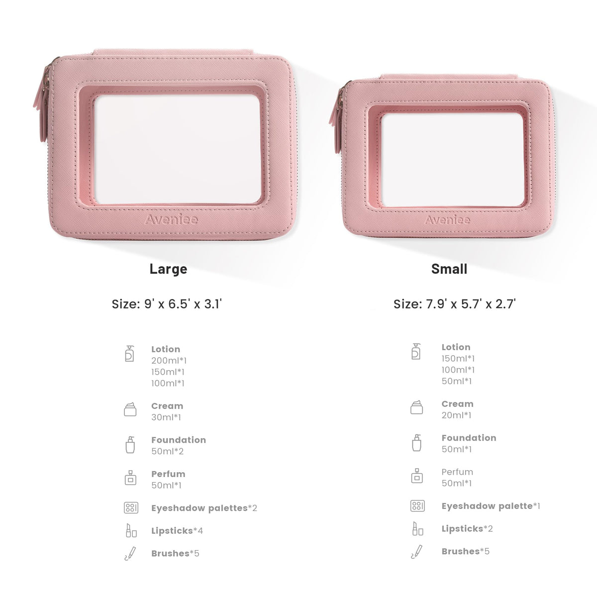 Aveniee Clear Makeup Bag Organizer set displayed with cosmetics
