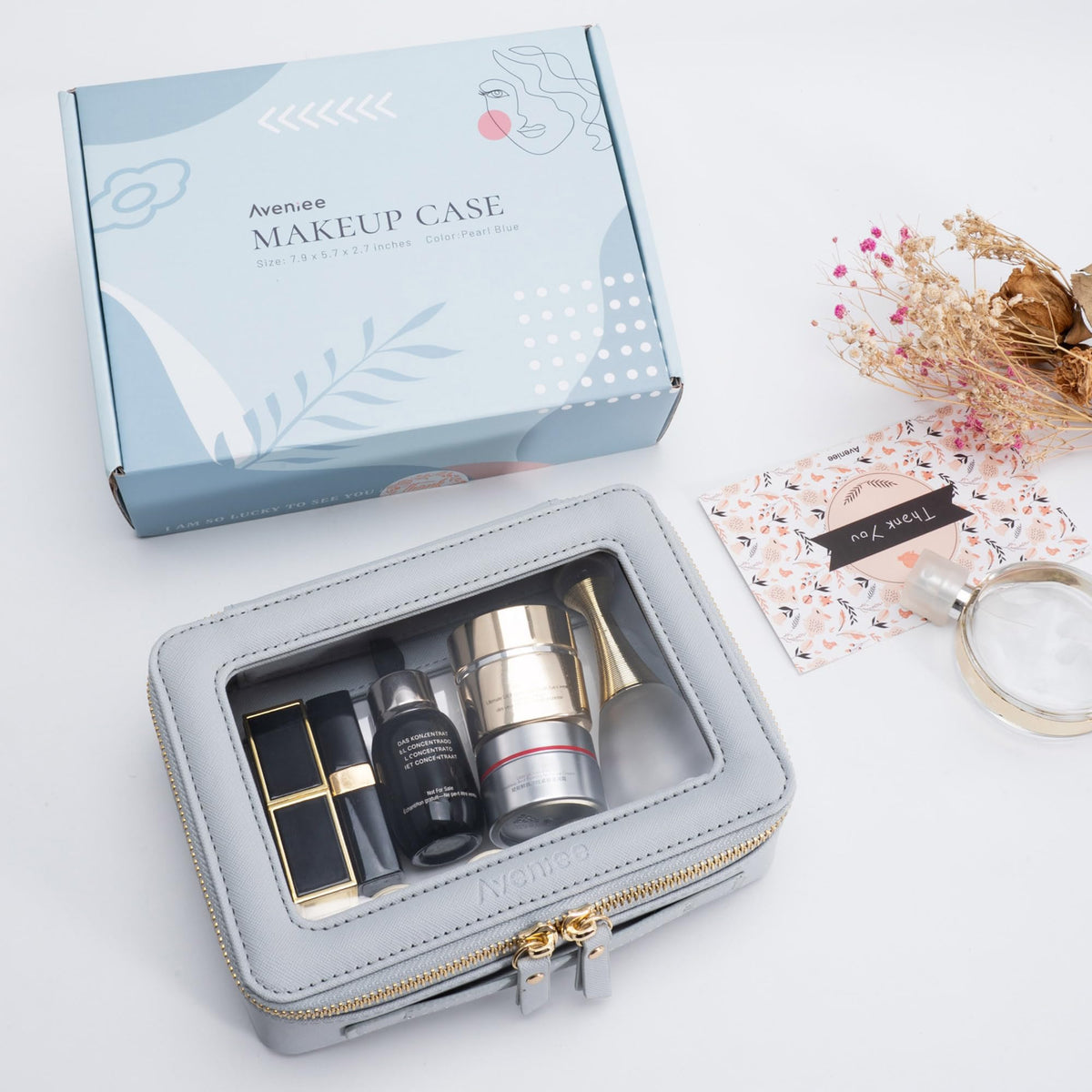 Aveniee Clear Makeup Bag Organizer Set on bathroom counter with cosmetics