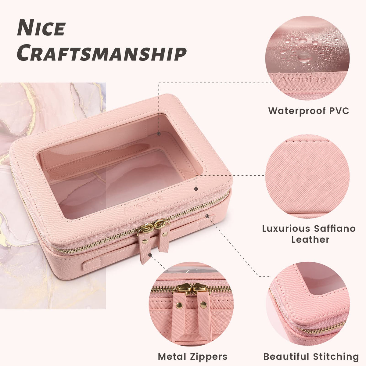 Aveniee Clear Makeup Bag Organizer side view showcasing zippers
