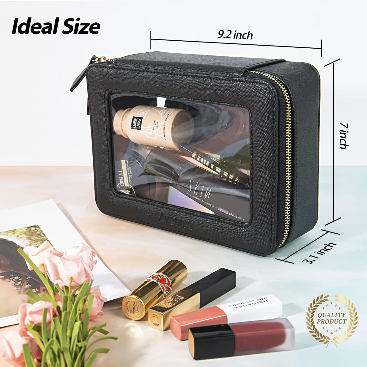 Aveniee Clear Makeup Bag Organizer side view showcasing zippers