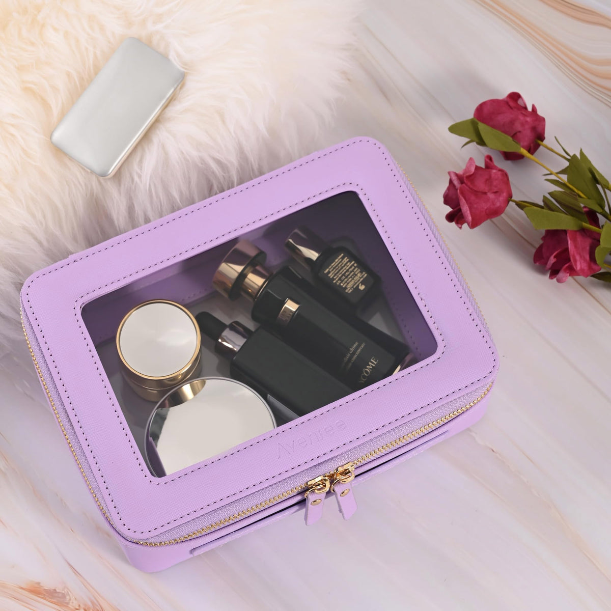 Aveniee Clear Makeup Bag Organizer side view with transparent panels