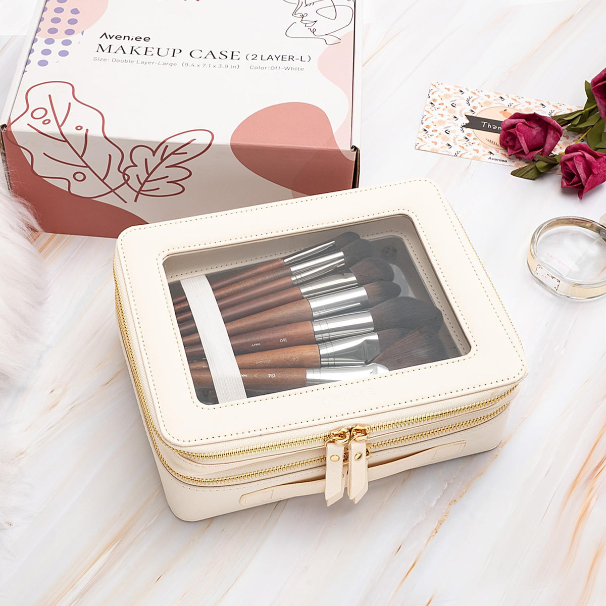 Aveniee Clear Makeup Bag packed with cosmetics and toiletries