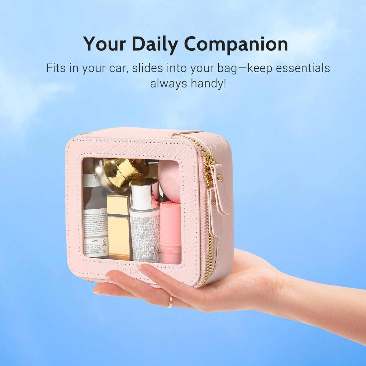 Aveniee Clear Makeup Bag Set displayed with beauty products