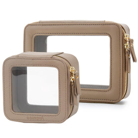 Aveniee clear makeup bag set front view in taupe