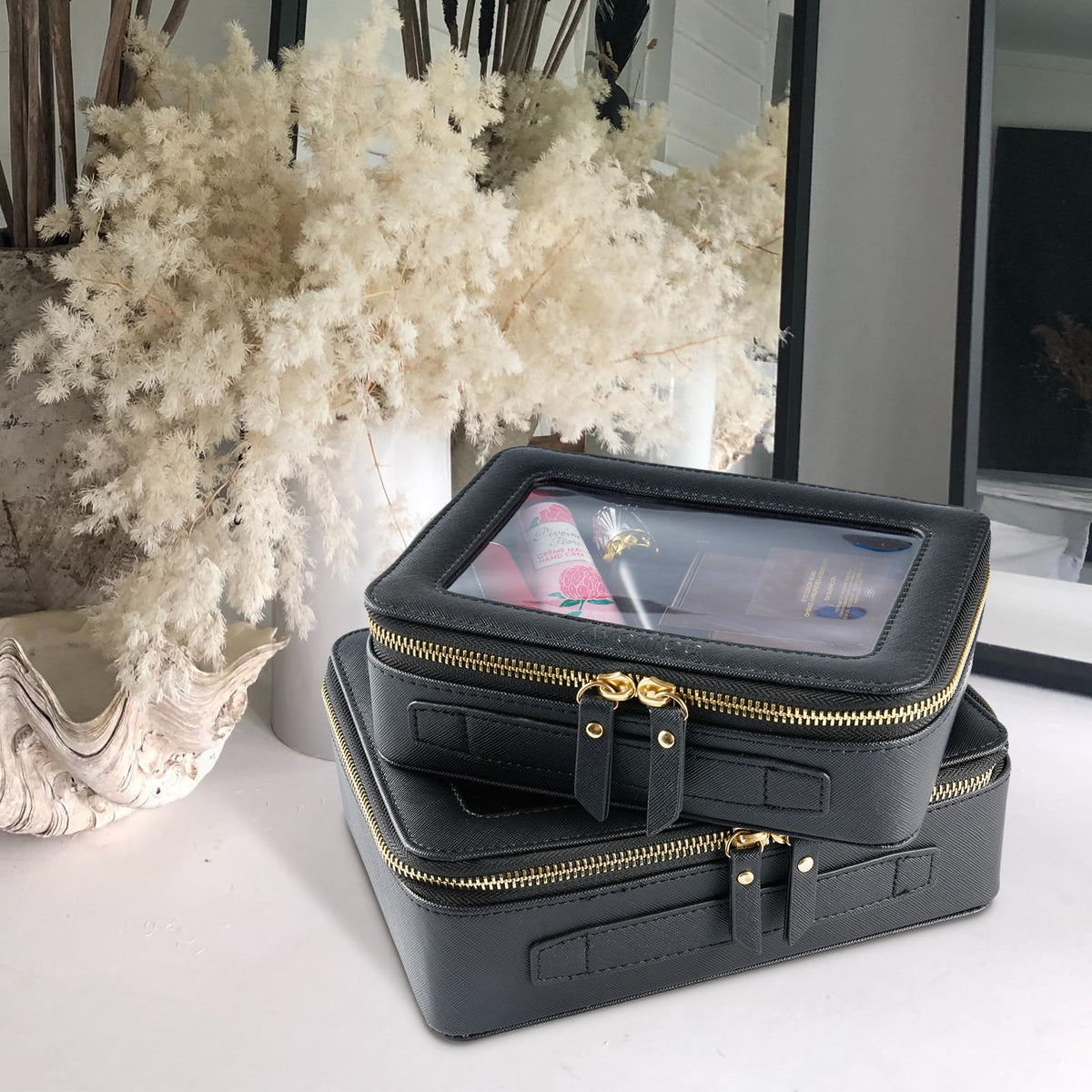 Aveniee Clear Makeup Bag Set open with cosmetics inside