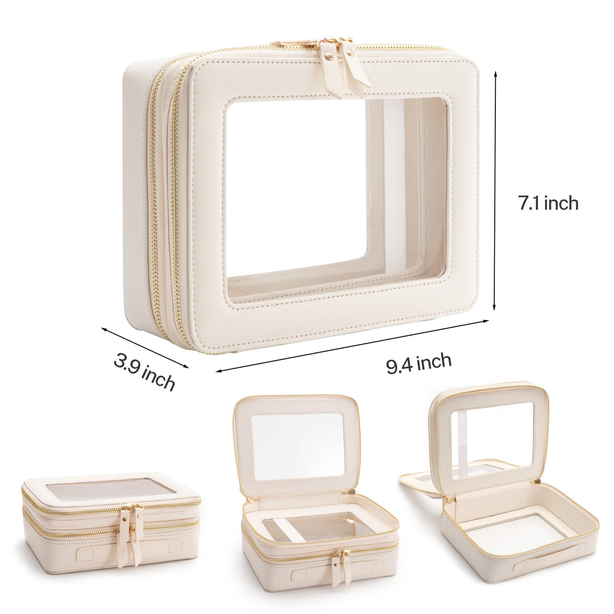 Aveniee Clear Makeup Bag side view showcasing zipper compartments
